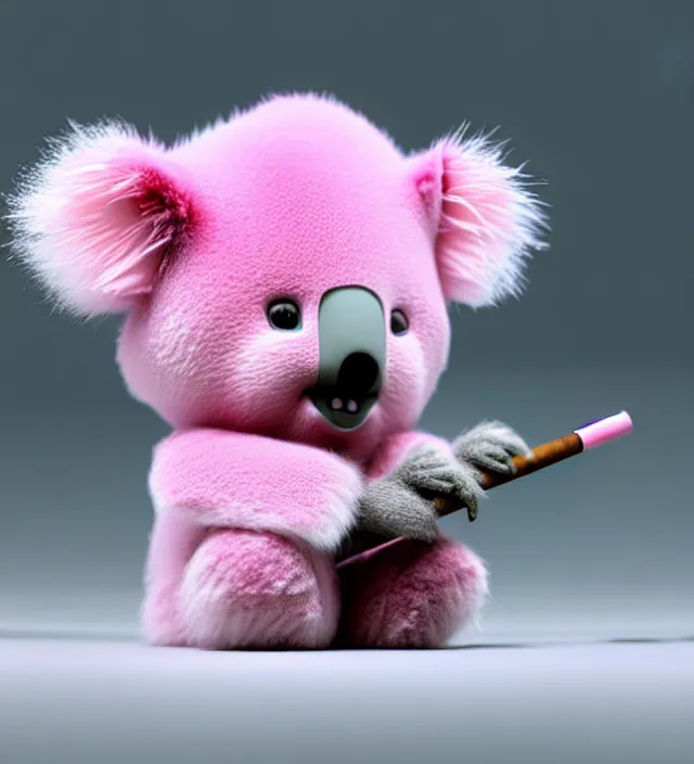 Image similar to high quality 3 d render hyperrealistic very cute small pink koala smoking weed joint, smoke rising from the joint, plush mascot, short spiky dense fluffy smooth hair, photo from the side, pink fluffy fur, 1 5 0 mm, beautiful natural soft light, rim light, vray, smooth background, artstation, ultra detailed