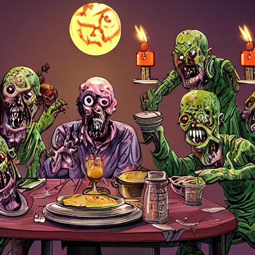 Prompt: zombies eating brains, dinner table, candlelit, 8 k, trending on artstation