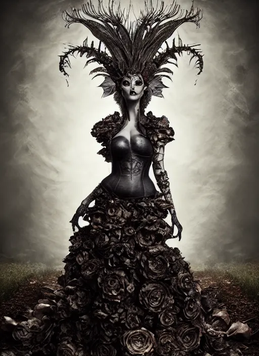 Image similar to expressive full body photo of demoness, dress made of cabbages, glamour shot, by karol bak, stefan gesell, photorealistic, nikon d 4 x, fashion photography, hyper maximalist, elegant, ornate, luxury, elite, environmental portrait, symmetrical features, octane render, unreal engine, solid dark grey background, dramatic lights