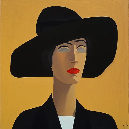 Prompt: young woman with hat, by Alex Katz, colorful, oil on canvas