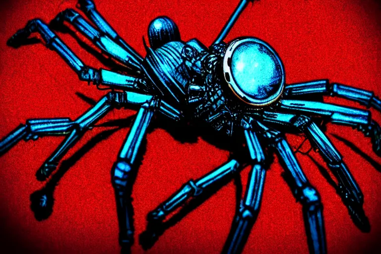 Prompt: steampunk spider!, in the style of denitza _ art, trending on artstation, halfrear lighting closeup view anaglyph filter, bokeh, anime, comic book art