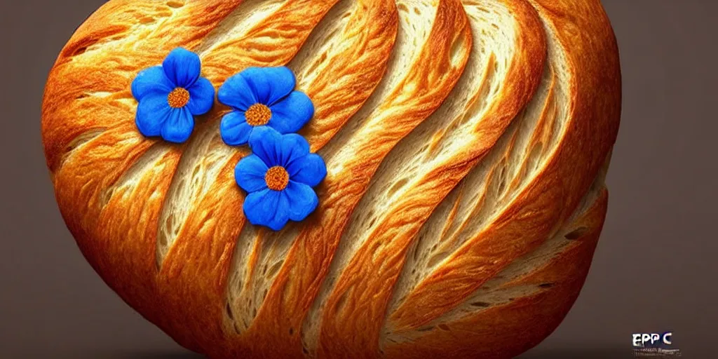 Prompt: epic professional digital art of a bread!!!!! toast!!!! wearing 👓 and a blue flower, best on artstation, cgsociety, wlop, cosmic, epic, stunning, much detail, much wow, masterpiece, backlight