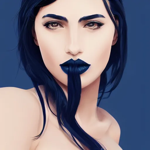 Image similar to a stunning upper body portrait of a beautiful woman with navy blue tinted black hair blowing in the wind by marvel comics, digital art, trending on artstation