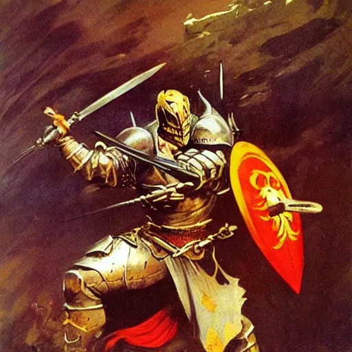 Image similar to fantasy painting by Frank Frazetta portraying a knight in armor,wielding a sword,high quality,beautiful,detailed