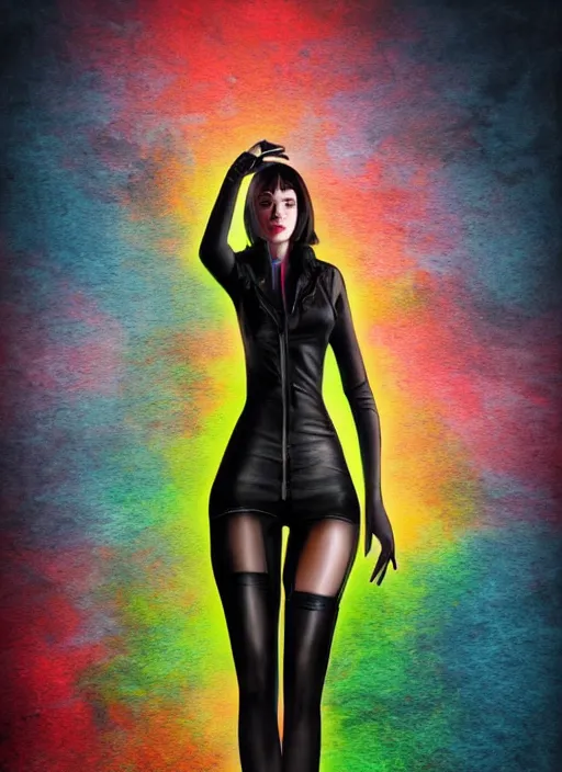 Prompt: a photo of 8 k ultra realistic a black haired female in high heels and a black leather jacket, multicolour neon, art by lise deharme