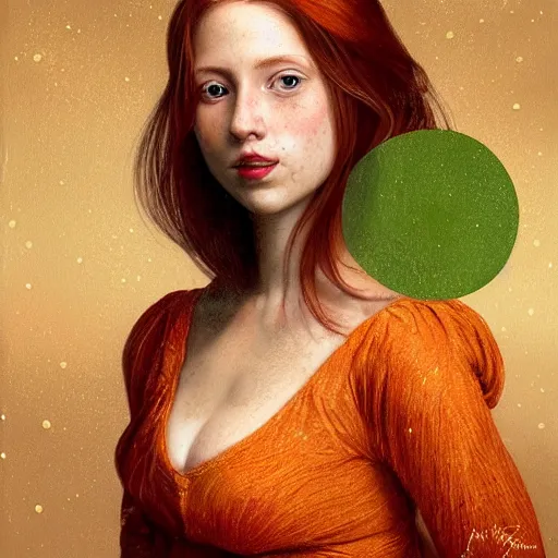 Image similar to a highly detailed, hyper realistic, gorgeous portrait, red haired young woman, among golden fireflies, long hair, green eyes, hint of freckles, round gentle face, cheeky smile with red lips, deep focus, elegant, digital painting, smooth, sharp, golden ratio, illustration, art by artemisia lomi gentileschi and artgerm