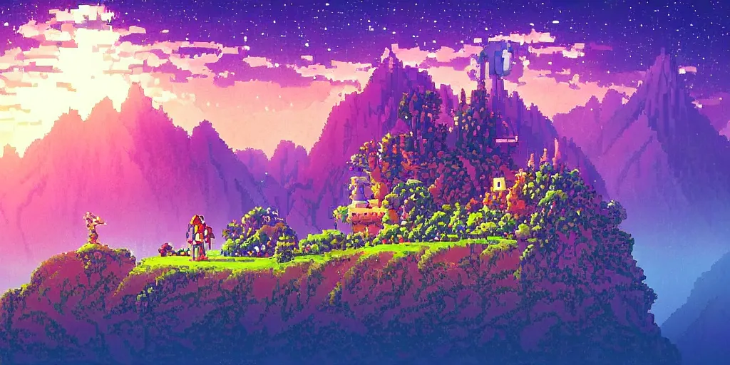 Prompt: hd pixel art beautiful scenery with people dinotopia-studio-ghibli-interstellar #another-world #gba #cinematic-color #beneath-a-steel-sky #cinematic-composition