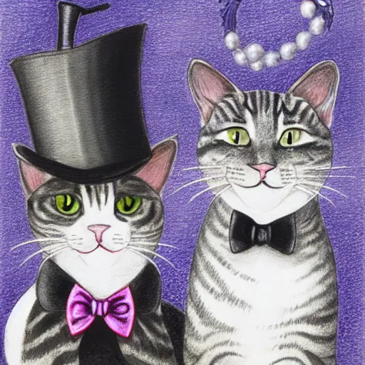 Image similar to portrait of grey tabby cat wearing a top hat and bow tie next to a black cat wearing a pearl necklace with flower headdress, detailed colored pencil drawing 4 k