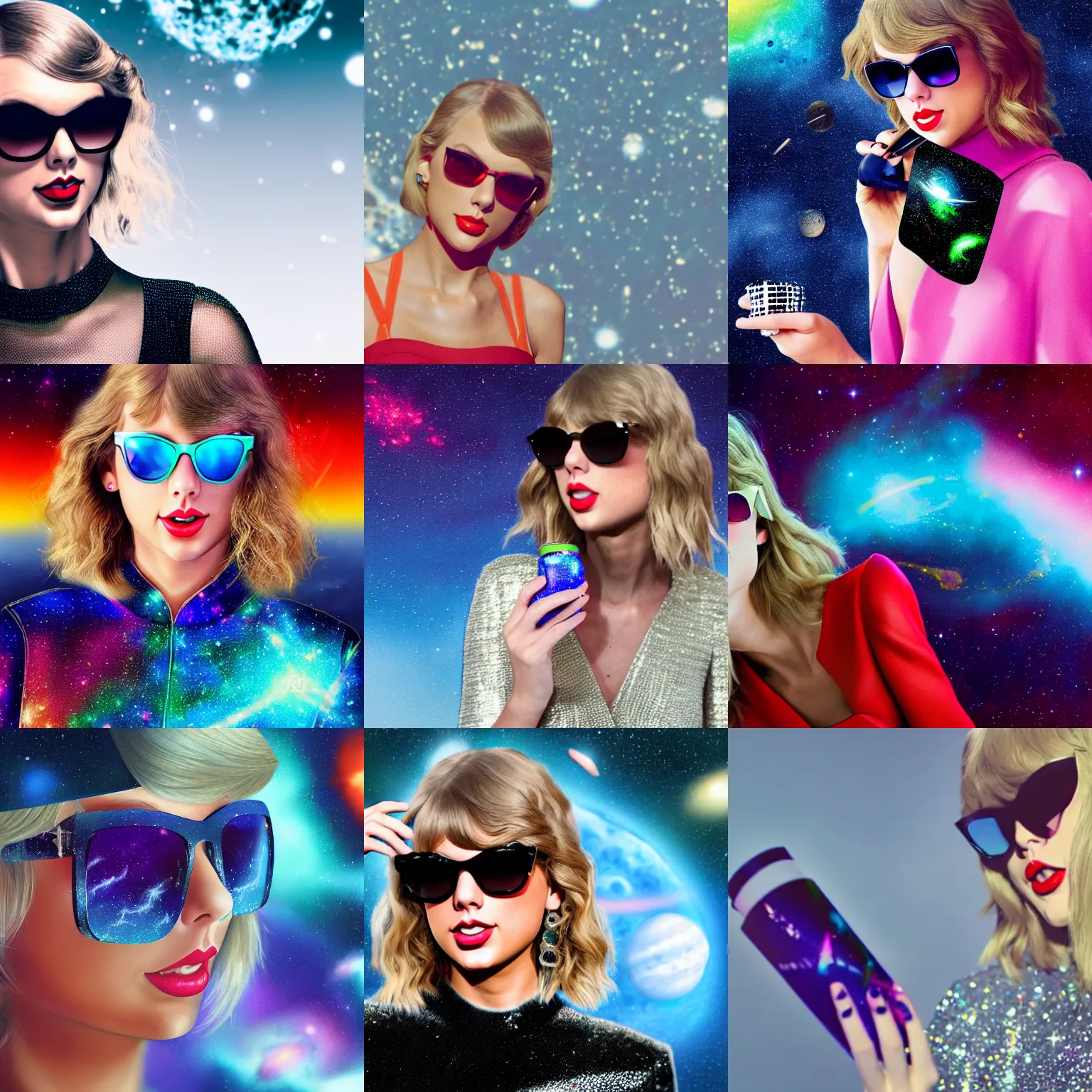 Prompt: taylor swift holding a sprite, space galaxy, wearing sunglasses, 4 k, photorealistic