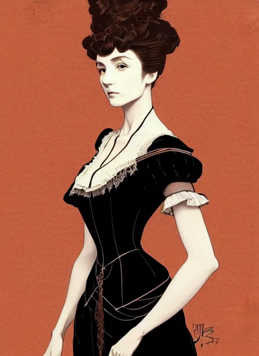 Image similar to 3 / 4 view of a portrait of woman in victorian clothing, confident pose, intricate, elegant, sharp focus, illustration, highly detailed, concept art, matte, trending on artstation, anime, art by james jean and artgerm and brian despain and alberto mielgo, ilya kuvshinov, dramatic lighting, gothic, haunted, art nouveau