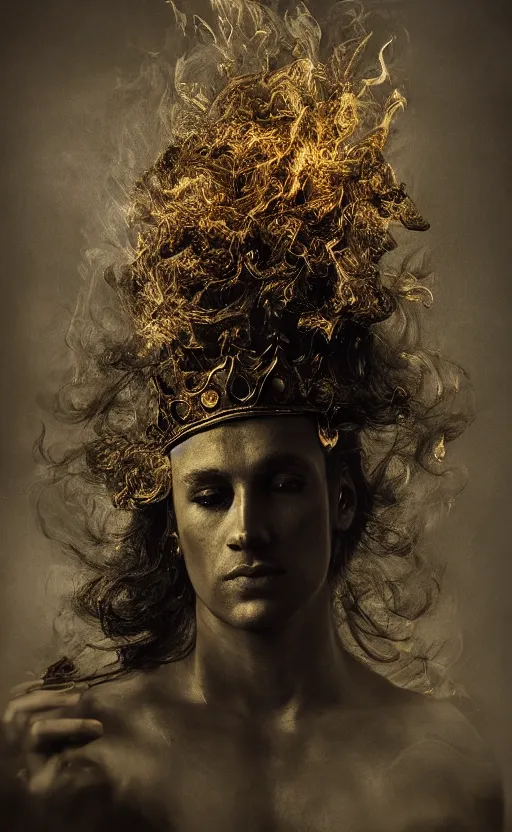 Image similar to 'Portrait of King Arthur' by István Sándorfi and Lee Jeffries royally decorated, whirling smoke, embers, gold encrustations , gilt silk torn fabric, radiant colors, fantasy, perfect lighting, studio lit, micro details,