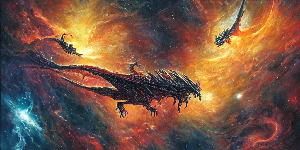 Prompt: an alien dragon flying through outer space, epic nebula, style of dan seagrave art