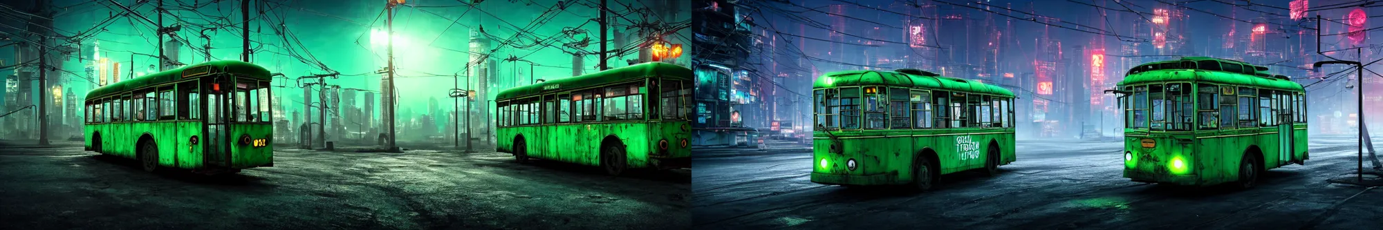 Prompt: an old shabby green trolleybus stands at a stop on the other planet, headlights shine with neon light, in the background in the distance the earth, atmospheric, futuristic, cyberpunk, 8 k resolution, ultra detailed