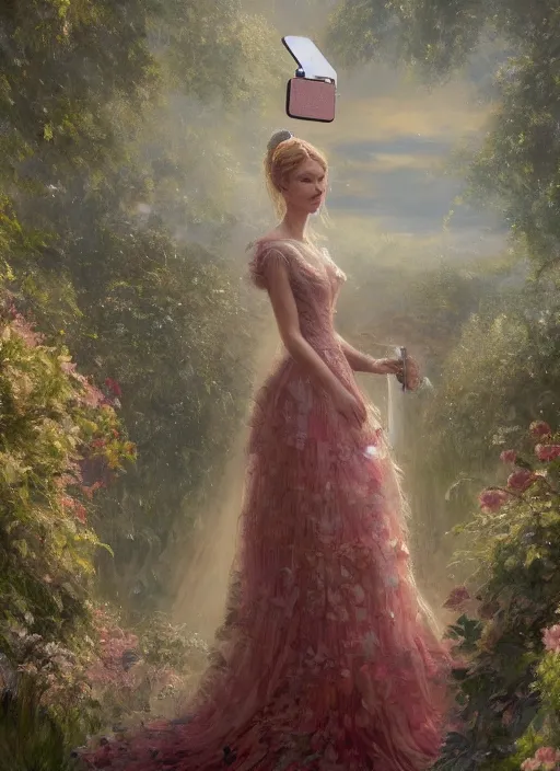 Image similar to upper body portrait of a beautiful maiden in an expensive victorian dress holding taking a selfie in a royal garden, award winning, masterpiece digital painting by greg rutkowski, alex grey, artstation, 4 k wallpaper,