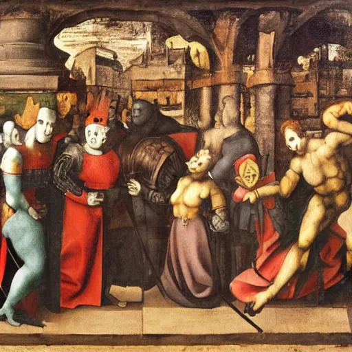 Prompt: medieval lords and ladies crowding around a black box, oil on canvas, painted by Michelangelo, faded painting