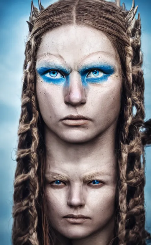 Image similar to photorealistic head and shoulders portrait of female viking warrior with large sad blue eyes, damaged, cinematic, anamorphic