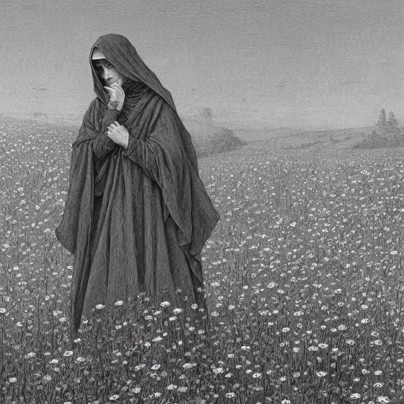 Prompt: faceless grim reaper with veil over face at distance in beautiful meadow of flowers, detailed pencil illustration by gustave dore, highly detailed, centered, high resolution, smooth, sharp focus, illustration