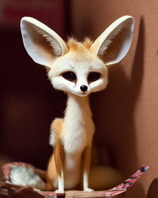 Prompt: very beautiful portrait of an extremely cute and adorable fennec fox in a cozy pixar style living room, smooth, perfect face, fantasy, character design by mark ryden and craola, sharp focus, concept art, intricate detail, cinematic lighting, hyperrealistic, 5 0 mm, diorama macro photography, 8 k, nature