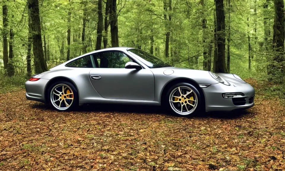 Prompt: photo of a porsche 911 in a forest