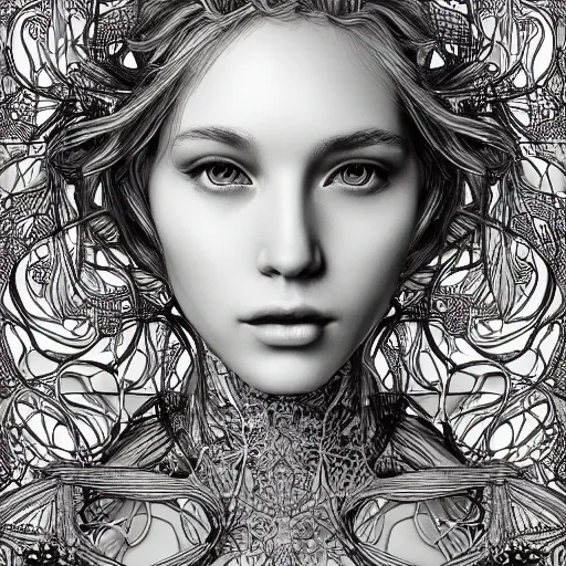 Image similar to the portrait of an incredibly beautiful, graceful, elegant, and sophisticated young blonde woman made of garlic bulbs, an ultrafine detailed illustration by james jean, intricate linework, bright colors, final fantasy, behance contest winner, vanitas, angular, altermodern, unreal engine 5 highly rendered, global illumination, radiant light, detailed and intricate environment