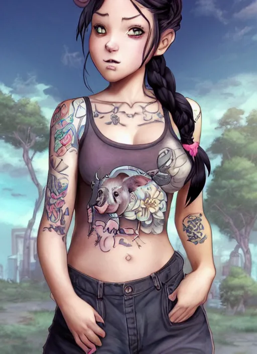 Prompt: character portrait of a female anthro pig with a pigtail and a cute beautiful attractive detailed female pig face wearing a tanktop and slacks standing outside a city tattoo parlor with arm tattoos. Character design by charlie bowater, ross tran, artgerm, and makoto shinkai, detailed, inked, western comic book art