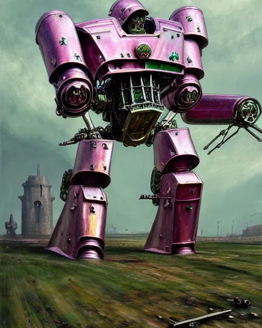 Prompt: hyperrealistic hyperdetailed medieval mecha iridescent pink covered in medieval type battle war concept art santiago caruso de chirico sharp very dramatic green light 8k low angle shallow depth of field