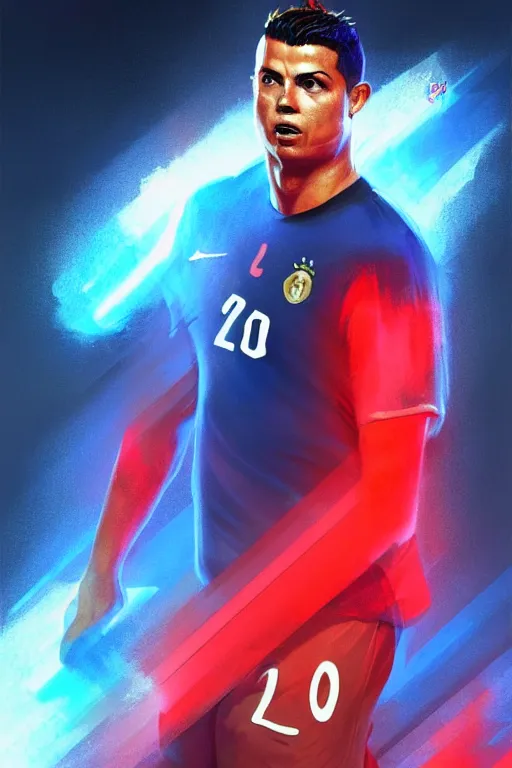 Image similar to ronaldo luis nazario da lima, football player, blue red light, haze, low contrast, digital painting, artstation, concept art, smooth, sharp focus, illustration, art by artgerm and greg rutkowski and alphonse mucha