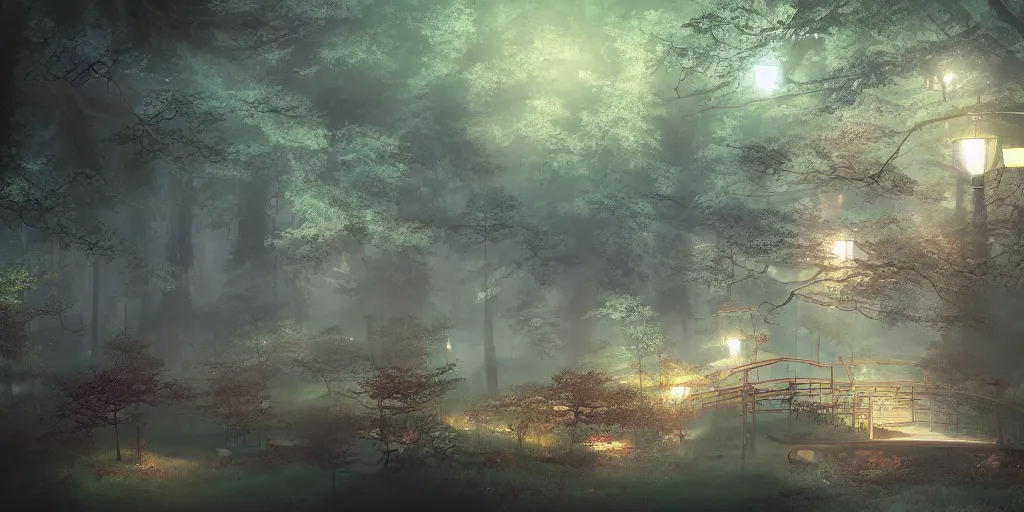Image similar to a beautiful japanese school of magic in a dark forest, highly detailed, volumetric lighting, digital painting