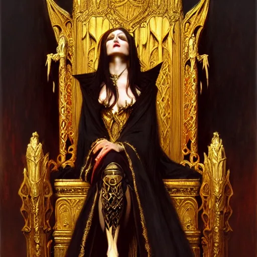 Image similar to full body portrait of beautiful vampire queen in gold gothic robes sitting on a throne of bones, elegant, highly detailed painting by gaston bussiere, craig mullins, j. c. leyendecker, 8 k, mid shot