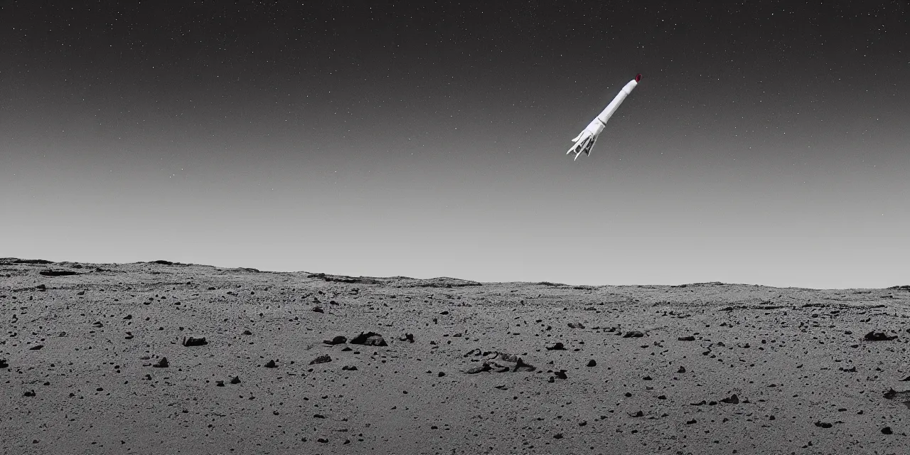 Image similar to 1 7 mm, black and white photo of a rocket landing on mars, black background with stars, cinematic film still, high contrast, astrophotography, 4 k