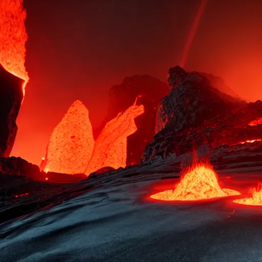 Prompt: a scorching magma realm with futiristic factories above the lava, muspelheim, candinavian / norse influenced, cinematic, ray traced, octane render, cinematic lighting, ultrarealistic, featured on artstation, 8 k uhd artwork