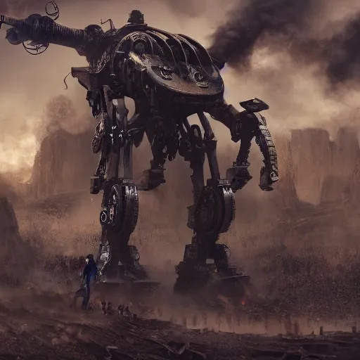 Image similar to gigantic bipedal humanoid war machine standing in a battlefield, steam punk, 70's sci-fi, highly detailed, deep aesthetic, 4k, highly ornate intricate details, cinematic lighting, rich colors, digital artwork, ray tracing,