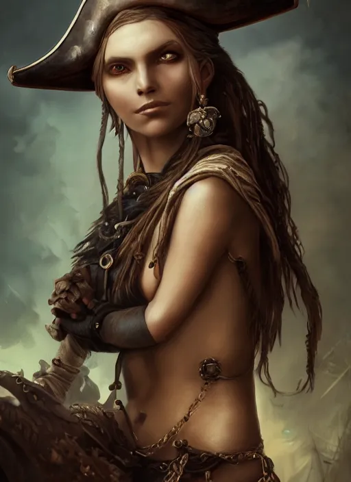 Image similar to detailed full body dark and dull oil painting of a pirate female, beautiful face, elegant pose, fantasy, illustration, insanely detailed and intricate, octane render, 4k