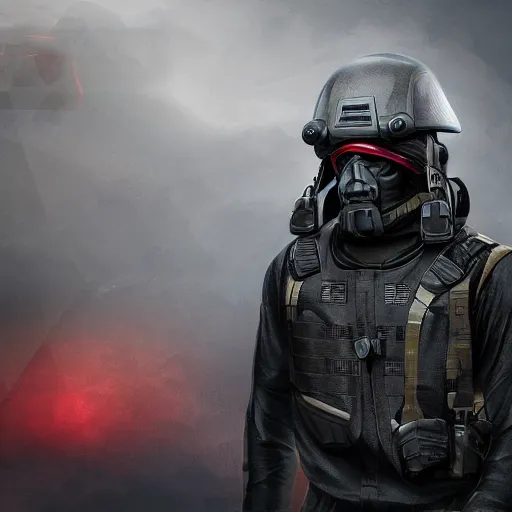 Prompt: futuristic insurgent wearing black helmet black glossy visor, brown cloak, technical vest, and a backpack, photorealistic, digital art , red tint