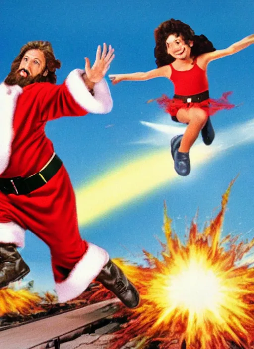 Image similar to Santa and Jesus' Totally Radical Adventure, action shot of them jumping away from an explosion towards us, cinematic shot, movie poster (1989)