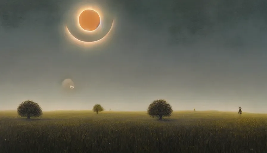 Prompt: solar eclipse, open field, one tree, simon stalenhag
