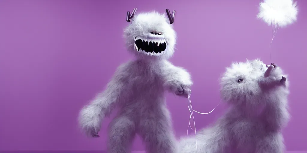 Prompt: a photo of white fur monster standing in a purple room, standing with balloon, horror, hyper realistic, detailed, trending on artstation