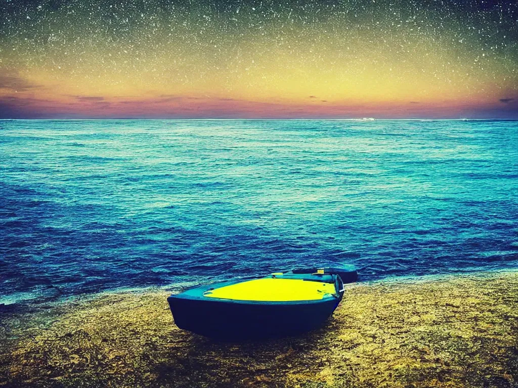 Image similar to “peaceful night full of stars at dawn on the sea clear waters lonely yatch far away blue green yellow tones artwork 4K HDR cinematic wide angle deep focus”