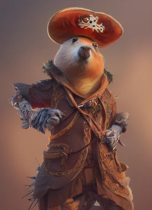 Image similar to detailed concept art illustration pastel painting of an anthropomorphic capybara pirate in full intricate clothing, ultra detailed, digital art, octane render, 4K