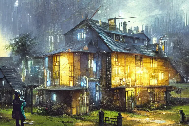 Prompt: cyberpunk, an estate agent listing photo, external view of a 5 bedroom detached countryside house in the UK, by Paul Lehr