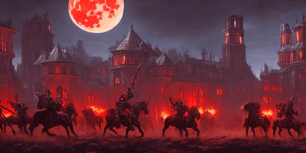 Image similar to highly detailed portrait painting of victorian warhammer battle, old abadia in the background, full red moon, by eddie mendoza and tyler edlin, 8 k resolution