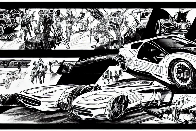 Image similar to ford concept car, a page from cyberpunk 2 0 2 0, style of paolo parente, style of mike jackson, adam smasher, johnny silverhand, 1 9 9 0 s comic book style, white background, ink drawing, black and white