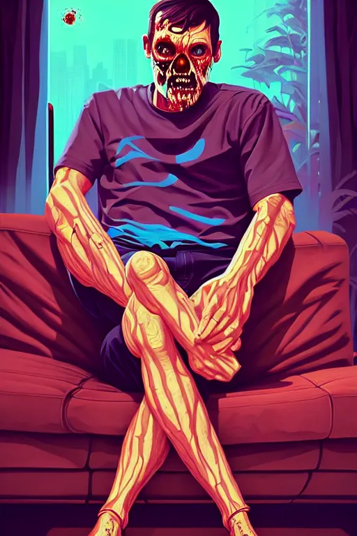 Prompt: a zombie dad sitting on the couch and watching tv, tristan eaton, victo ngai, artgerm, rhads, ross draws