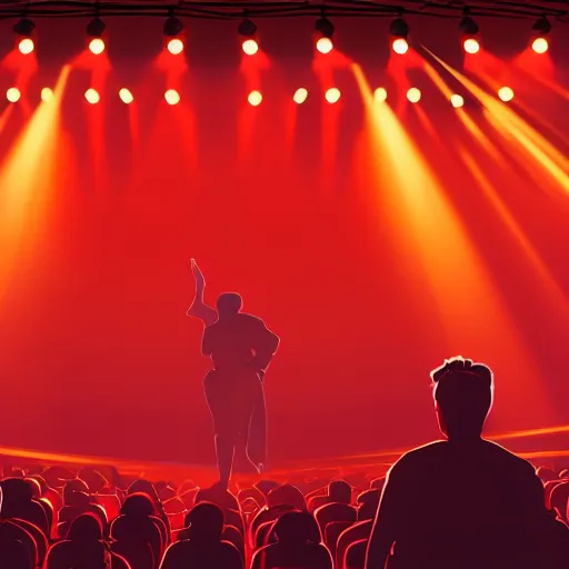 Prompt: a lone singer on stage, with spotlight beam, huge crowd in audience, facing stage, zoom lens, ultra realistic, artstation, red curtains, dramatic lighting, album