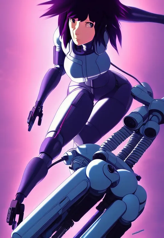 Image similar to a fullbody pose of motoko kusanagi riding a tachikoma, ghost in the shell : : connected to cables, under repairs, maintenance area, technicians : : by ilya kuvshinov, rossdraws, artgerm, sola digital arts, anti aliasing, raytracing : :