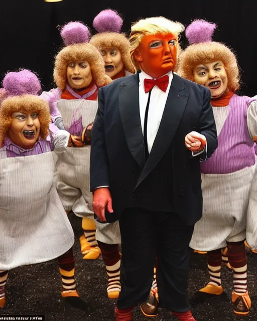 Image similar to dancing dwarf sized oompa loompas look just like donald trump, charlie and the chocolate factory, photorealistic