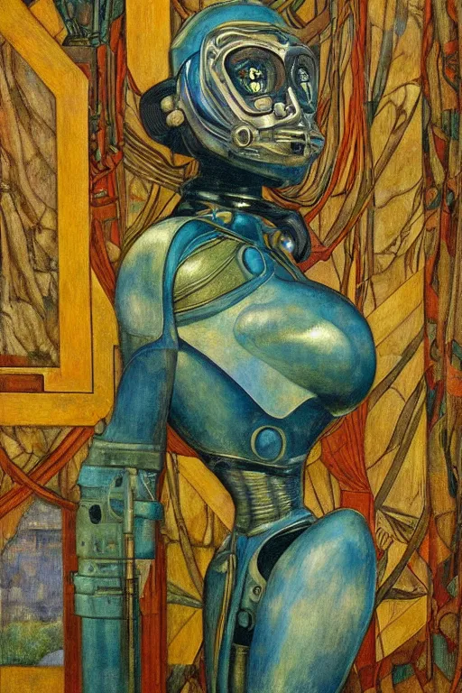 Prompt: the queen in her robot mask stands by the window at midnight , by Annie Swynnerton and Diego Rivera and Elihu Vedder, symbolist, dramatic lighting, elaborate geometric ornament, Art Brut, soft blues and greens,smooth, sharp focus, extremely detailed, Adolf Wölfli and Evelyn De Morgan