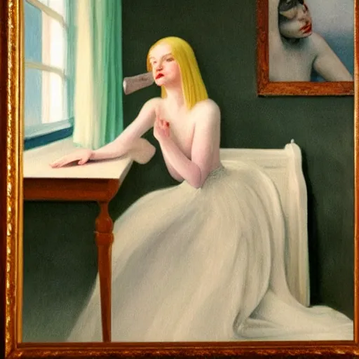 Prompt: Painting of Elle Fanning summoning the devil, long blonde hair, delicate, pale milky white porcelain skin, by Edward Hopper. Extremely detailed.