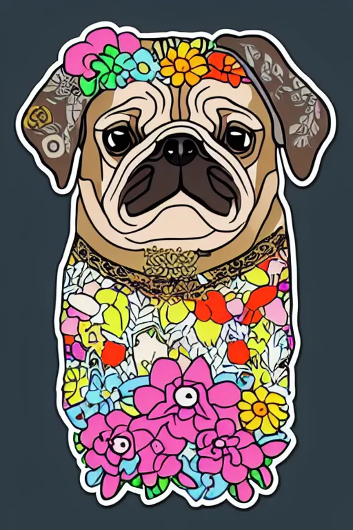 Image similar to portrait of a flower rambo pug, art by milka oxana, sticker, colorful, illustration, highly detailed, simple, smooth and clean vector curves, no jagged lines, vector art, smooth