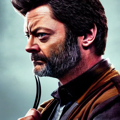 Image similar to portrait of x - men's wolverine played by nick offerman, photorealistic logan marvel movie still, detailed 8 k, poster style, high resolution